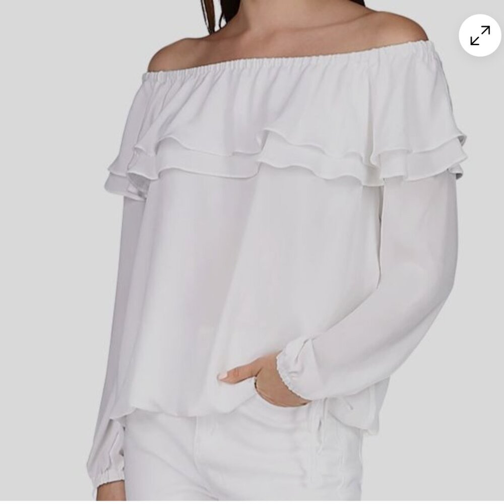 Michael Kors White Ruffle Off-Shoulder Long Sleeve Blouse